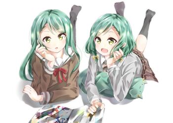 2girls aose_ao aqua_hair bang_dream! bang_dream!_girls_band_party! black_socks braid brown_necktie brown_skirt brown_sweater_vest collared_shirt commentary_request diagonal-striped_clothes diagonal-striped_necktie grey_jacket hanasakigawa_school_uniform haneoka_school_uniform highres hikawa_hina hikawa_sayo jacket long_hair long_sleeves lying magazine_(object) medium_hair multiple_girls necktie on_stomach open_mouth plaid_clothes plaid_skirt pleated_skirt sailor_collar school_uniform shirt side_braids simple_background skirt socks striped_clothes sweater_vest white_background white_sailor_collar white_shirt yellow_eyes