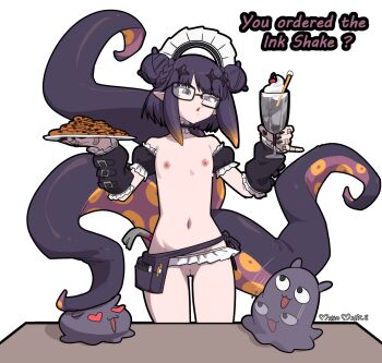 1girl :3 :d absurdres armband artist_name bandaid bandaid_on_hand black_armband black_choker black_nails black_sleeves braid bun_with_braided_base choker cleft_of_venus commentary cookie cup detached_sleeves double_bun english_commentary english_text fingernails flat_chest food frilled_armband frilled_choker frilled_sleeves frills glasses gradient_hair hair_bun hair_ornament heart heart-shaped_eyes highres holding holding_cup holding_plate hololive hololive_english ice_cream loli looking_at_viewer maho_malice maid_headdress microskirt mole mole_under_eye motion_lines multicolored_hair nail_polish navel ninomae_ina&#039;nis nipples nude open_mouth orange_hair plate pointy_ears purple_eyes purple_hair pussy rectangular_eyewear short_hair simple_background skirt smile solo sundae takodachi_(ninomae_ina&#039;nis) tentacle_tail tentacles two-tone_hair virtual_youtuber white_background