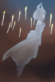 1girl a1_(initial-g) aura_(sousou_no_frieren) blue_gloves braid breasts candle commentary_request demon_horns elbow_gloves from_side full_body ghost gloves green_eyes horns medium_breasts purple_hair smile solo sousou_no_frieren