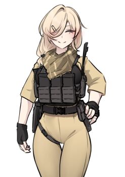 Rule 34 | 1girl, absurdres, ammunition pouch, bandana, belt, black belt, black gloves, black shirt, blonde hair, breasts, brown bandana, bulletproof vest, closed eyes, closed mouth, fingerless gloves, gloves, hair ornament, hair over one eye, hair over shoulder, hairclip, high-waist pants, highres, holster, jacket, k0ng, large breasts, long sleeves, magazine (weapon), medium hair, merc-san (k0ng), original, pants, pouch, radio antenna, shirt, smile, solo, yellow jacket
