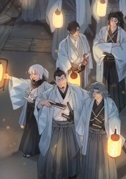 Rule 34 | 1girl, 4boys, black hair, black hakama, black kimono, black scarf, blue haori, chonmage, closed eyes, facial hair, fate/grand order, fate (series), goatee, grey hair, grey hakama, hair knot, hair pulled back, hair slicked back, hakama, haori, highres, hijikata toshizou (fate), japanese clothes, katana, kimono, lantern, multiple boys, okita souji (fate), paper lantern, ponytail, saitou hajime (fate), saitou hajime (third ascension) (fate), scarf, serizawa kamo (fate), sheath, sheathed, shinsengumi, shinsengumi (fate), sidelocks, smile, sword, teria (teriarian), topknot, wavy hair, weapon, white hair, white kimono, yamanami keisuke (fate), yamanami keisuke (third ascension) (fate)
