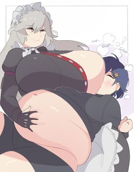 Rule 34 | 2girls, absurdres, alexandrina sebastiane, belle (zenless zone zero), blue hair, breastfeeding, breasts, closed eyes, earrings, fat, fat woman, female focus, grey hair, highres, huge breasts, jewelry, long hair, looking at another, maid, multiple girls, napolitane, navel, red eyes, short hair, skindentation, thick thighs, thighs, yuri, zenless zone zero