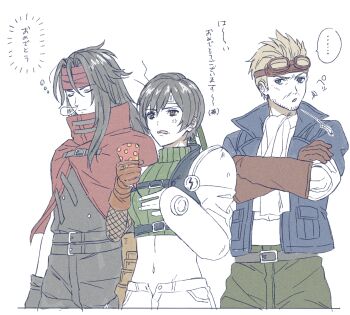 ... 1girl 234_(1234!) 2boys anger_vein ascot belt black_hair blonde_hair blue_jacket cid_highwind cloak closed_eyes commentary_request cropped_sweater crossed_arms final_fantasy final_fantasy_vii final_fantasy_vii_remake gauntlets gloves goggles goggles_on_head green_pants green_sweater headband highres holding holding_party_popper jacket long_hair midriff multiple_belts multiple_boys navel nose_bubble open_clothes open_fly open_jacket pants party_popper red_cloak red_headband ribbed_sweater short_hair shorts simple_background single_gauntlet single_glove sleeping sleeveless sleeveless_turtleneck spoken_ellipsis sweater translation_request turtleneck turtleneck_sweater upper_body vincent_valentine white_ascot white_background yuffie_kisaragi