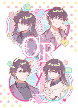 2boys 2girls absurdres ben-day_dots black_coat black_eyes black_hair black_shirt coat collared_shirt colored_inner_hair commentary_request genderswap genderswap_(mtf) hand_on_own_neck heart hetero highres kim_dokja long_hair looking_at_viewer multicolored_hair multiple_boys multiple_girls nervous omniscient_reader&#039;s_viewpoint sanjinmogufufu screentones shirt short_hair sweatdrop white_coat white_shirt yoo_joonghyuk