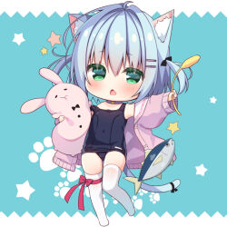 Rule 34 | 1girl, animal ear fluff, animal ears, black ribbon, blue background, blue hair, blue one-piece swimsuit, blush, bow, cat ears, cat girl, cat tail, cat teaser, choker, commentary request, fang, full body, green eyes, hair between eyes, hair ornament, hair ribbon, hairclip, hanamiya natsuka, holding, jacket, long sleeves, looking at viewer, no shoes, old school swimsuit, one-piece swimsuit, open clothes, open jacket, open mouth, original, puffy long sleeves, puffy sleeves, purple choker, purple jacket, red bow, ribbon, school swimsuit, skindentation, sleeves past wrists, solo, star (symbol), starry background, strap slip, swimsuit, swimsuit under clothes, tail, thighhighs, two-tone background, two side up, white background, white thighhighs