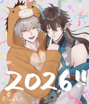 2026 2boys absurdres arm_up blue_eyes caelus_(honkai:_star_rail) chinese_zodiac closed_mouth commentary_request confetti cosplay cowboy_shot dan_heng_(honkai:_star_rail) dan_heng_(imbibitor_lunae)_(honkai:_star_rail) detached_sleeves double-parted_bangs dragon_horns earrings eastern_dragon_horns finger_to_another's_mouth grey_hair hair_between_eyes highres honkai:_star_rail honkai_(series) horns jewelry kigurumi long_pointy_ears long_sleeves looking_at_viewer lune9q9 male_focus mandarin_collar multiple_boys official_alternate_costume open_mouth piercing pointy_ears teeth trailblazer_(honkai:_star_rail) triangle_mouth twitter_username upper_teeth_only year_of_the_horse yellow_eyes zipper_pull_tab