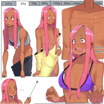 ... 1girl alternate_breast_size_(smaller) black_eyes bra closed_mouth collarbone dark-skinned_female dark_skin dress drooling english_text flat_chest grey_bra hair_over_breasts highres hungry long_hair o_o ohasi open_mouth original oversized_breast_cup oversized_clothes pants pink_(ohasi) pink_hair purple_bra red_eyes skinny smile solid_oval_eyes solo sports_bra sweatdrop tears underwear white_background
