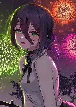 1girl bare_shoulders black_bow black_bowtie black_choker black_hair blush bow bowtie breasts chainsaw_man choker fireworks green_eyes highres kamille_(vcx68) looking_at_viewer open_mouth reze_(chainsaw_man) shirt sleeveless sleeveless_shirt small_breasts solo white_shirt
