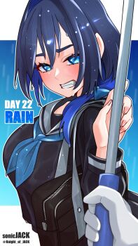 1girl bag blue_eyes blue_hair blush highres hololive hololive_english knight_of_jack looking_at_viewer ouro_kronii rain school_bag school_uniform short_hair twitter_username umbrella virtual_youtuber wet wet_clothes wet_hair