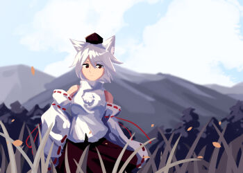 animal_ear_fluff animal_ears bare_shoulders breasts closed_mouth cloud day detached_sleeves falling_leaves furahata_gen grass hat highres inubashiri_momiji leaf mountain purple_skirt red_eyes red_hat red_ribbon ribbon shirt shirt_ribbon skirt standing tokin_hat touhou white_hair white_shirt wolf_ears wolf_girl youkai_mountain