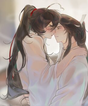 2boys ahoge alternate_costume bathrobe bishounen black_hair blurry blurry_background blush brown_hair chinese_clothes couple eye_contact face-to-face from_side gufuguier hair_ribbon hand_on_another's_shoulder hanfu headband heart heart_ahoge highres holding_another's_hair hug imminent_kiss lan_wangji long_hair long_sleeves looking_at_another male_focus modao_zushi multiple_boys parted_lips ponytail profile purple_eyes red_ribbon ribbon robe see-through_clothes shared_bathing sidelocks steam sweat upper_body wei_wuxian wet wet_clothes wet_hair white_headband white_robe wide_sleeves yaoi yellow_eyes