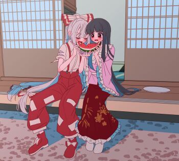 2girls bamboo_print black_hair blush boots bow bowtie collared_shirt commentary_request eating food frilled_shirt_collar frilled_skirt frilled_sleeves frills fruit fujiwara_no_mokou grey_hair hair_bow highres houraisan_kaguya long_hair long_skirt long_sleeves multiple_girls ofuda ofuda_on_clothes open_mouth pants pink_shirt print_skirt red_boots red_pants sharing_food shirt short_sleeves sitting skirt suspenders tamiko_(tamik0224) torn_clothes torn_sleeves touhou very_long_hair watermelon watermelon_slice white_bow white_bowtie white_shirt wide_sleeves