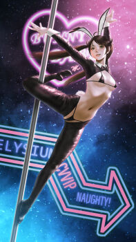 1girl 21yc_(september_breeze) absurdres animal_ears armpits bikini black_bikini black_shrug breasts brown_hair crotchless crotchless_pantyhose detached_collar fake_animal_ears fake_tail feet g-string green_eyes grin highres large_variant_set legs lynn_(mabinogi) mabinogi mabinogi_heroes medium_breasts micro_bikini neon_lights no_shoes nontraditional_playboy_bunny pantyhose pole pole_dancing rabbit_ears rabbit_tail reverse_bunnysuit reverse_outfit shrug_(clothing) smile solo stripper_pole swimsuit tail thong toes twintails variant_set wrist_cuffs