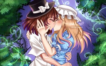 2girls absurdres artist_name black_hat blonde_hair blue_shirt blush bow brown_hair closed_eyes collared_shirt commentary hand_on_another's_head hand_on_another's_shoulder hat hat_bow highres hug kiss kiss_meter_(meme) leaf maribel_hearn medium_hair meme mob_cap multiple_girls neo-traditionalism_of_japan official_alternate_costume shirt short_hair short_sleeves sleeve_garter textless_version top_hat torifune_(touhou) touhou usami_renko white_bow white_hat white_shirt winner7xp yuri