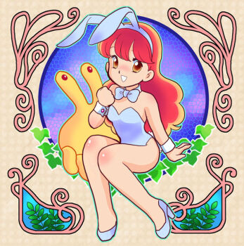 1girl alien animal_ear_hairband animal_ears aoi-chan_panic! bare_legs bare_shoulders bow bowtie commentary_request detached_collar fake_animal_ears hairband hand_up hayakawa_aoi_(aoi-chan_panic!) high_heels holgruu kisaragi_miyuki leaf leotard long_hair open_mouth playboy_bunny rabbit_ears red_eyes red_hair shoes sitting smile strapless strapless_leotard takemoto_izumi_(style) white_bow white_bowtie white_hairband white_leotard white_shoes wrist_cuffs