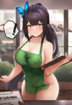 ! 1girl absurdres apron barista black_hair blurry blurry_background blush breasts butterfly_hair_ornament cafe cleavage closed_mouth collarbone commission covered_erect_nipples green_apron green_eyes hair_between_eyes hair_ornament highres holding holding_menu holding_pencil iced_latte_with_breast_milk_(meme) indoors korean_commentary large_breasts legs_together long_hair looking_at_viewer meme menu naked_apron nine_(kanine41) original pencil sidelocks smile solo spoken_exclamation_mark standing thighhighs window