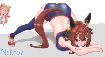 2girls :p agnes_digital_(full-color_fangirling)_(umamusume) agnes_digital_(umamusume) animal_ears arched_back arm_rest artist_name ass back bare_shoulders bow breast_press breasts closed_eyes closed_mouth clothing_cutout double-parted_bangs drooling ear_covers ear_ornament fingernails flexible gentildonna_(umamusume) gym_shorts hair_between_eyes hair_bow hands_on_ground hands_on_own_cheeks hands_on_own_face highres horse_ears horse_girl horse_tail jack-o&#039;_challenge leaning_to_the_side long_hair looking_at_viewer meme mouth_drool multiple_girls nail_polish nekroz7 outstretched_legs paid_reward_available parted_lips peeking_out pink_hair raised_inner_eyebrows red_eyes red_nails shoes shorts smile solo_focus sports_bra spread_legs stretching tail tail_through_clothes thighhighs tongue tongue_out top-down_bottom-up umamusume very_long_hair yellow_bow