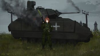 1girl absurdres ahoge ammunition_pouch armor armored_vehicle assault_rifle black_boots boots brown_hair bulletproof_vest camouflage camouflage_jacket camouflage_pants combat_boots commission commissioner_upload cross emr_camouflage fire gloria_sharp grass gun gun_on_back gun_sling high-explosive_anti-tank_(warhead) highres infantry_fighting_vehicle jacket kalashnikov_rifle load_bearing_equipment m2_bradley mask military_combat_uniform military_uniform military_vehicle motor_vehicle non-web_source pants pouch power_lines red_hair rifle rocket_launcher rpg rpg-7 rpg_(weapon) rural russian_ground_forces russo-ukrainian_war smoke soldier tank tomboy transmission_tower ukrainian_ground_forces wagner_group weapon weapon_on_back z_(russian_symbol)