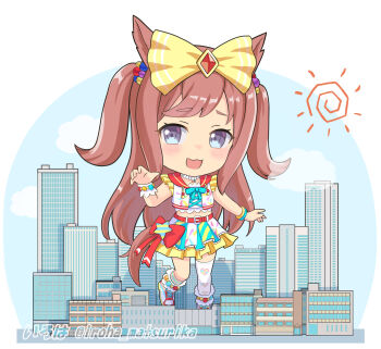 1girl :d agnes_digital_(super_express!_full_color_special)_(umamusume) agnes_digital_(umamusume) animal_ears asymmetrical_legwear belt belt_buckle blue_eyes blue_skirt blue_sky blush bow brown_hair buckle building chibi cloud commentary_request crop_top full_body giant giantess hair_bow highres horse_ears horse_girl horse_tail iroha_(iroha_matsurika) long_hair looking_at_viewer mismatched_legwear open_mouth red_belt red_shoes shoes single_sock single_thighhigh skirt sky skyscraper smile socks solo standing striped_clothes striped_socks sun_symbol tail thighhighs twitter_username two_side_up umamusume very_long_hair white_skirt white_thighhighs yellow_bow