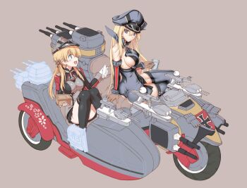 10s 2girls ass bismarck_(kancolle) blonde_hair breasts hat highres kantai_collection long_hair motor_vehicle motorcycle multiple_girls peaked_cap prinz_eugen_(kancolle) sideboob sidesaddle simple_background thighhighs uguisu_kagura vehicle