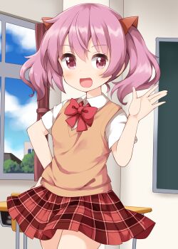 1girl :d \||/ blush bow bowtie classroom collared_shirt commentary_request cowboy_shot gabriel_dropout hand_on_own_hip hand_up highres indoors looking_at_viewer open_mouth pink_eyes pink_hair plaid_clothes plaid_skirt red_bow red_bowtie red_skirt ruu_(tksymkw) sakuraba_kana school_uniform shirt short_hair short_sleeves skirt smile solo sweater_vest tapris_sugar_step twintails waving white_shirt window yellow_sweater_vest