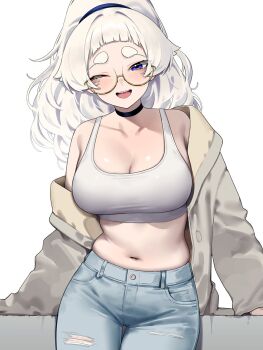 1girl blush breasts cleavage commentary crop_top denim glasses highres jeans large_breasts long_hair meg_(wakamepiza) midriff navel open_mouth original pants round_eyewear short_bangs solo symbol-only_commentary teeth thick_eyebrows thick_eyelashes torn_clothes torn_jeans torn_pants upper_teeth_only wakamepiza white_hair yellow-framed_eyewear