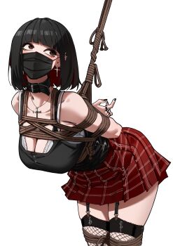 1girl absurdres arms_behind_back bare_shoulders bdsm black_hair black_thighhighs bondage bound bound_legs breast_bondage breasts brown_eyes cleavage collar collarbone commentary english_commentary garter_straps harris_hero highres large_breasts looking_to_the_side mask medium_breasts mouth_mask open_mouth original plaid_clothes plaid_skirt pleated_skirt restrained shibari shibari_over_clothes skindentation skirt solo standing sweatdrop teeth thighhighs white_background zettai_ryouiki