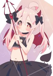 Rule 34 | 1girl, ahoge, bare arms, bare shoulders, belt, black belt, black bow, black choker, black skirt, black tail, black tube top, blush, bow, brown eyes, buckle, choker, cleavage cutout, clenched hand, closed mouth, clothing cutout, commentary, demon girl, demon horns, demon tail, demon wings, dot nose, frilled choker, frilled tube top, frills, hair between eyes, hands up, heart, heart-shaped buckle, heart belt, highres, holding trident, horn bow, horn ornament, horns, long hair, looking at viewer, midriff, mochitsuki kagami, multicolored background, navel, onii-chan wa oshimai!, oyama mahiro, pink hair, red horns, red wings, sidelocks, skirt, solo, standing, strapless, tail, tube top, twintails, wings