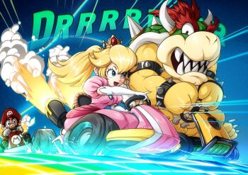 Rule 34 | 1girl, 2boys, :d, armlet, artist name, blonde hair, blue eyes, bowser, bracelet, breasts, brooch, brown footwear, claws, constricted pupils, crown, dress, driving, earrings, elbow gloves, engine, eyelashes, facial hair, floating hair, gloves, glowing, go-kart, hat, highres, horns, jewelry, lips, long dress, long hair, looking at another, mario (series), mario kart, mario kart 7, mario kart 8, medium breasts, motion lines, multiple boys, mustache, nintendo, nose, nostrils, open mouth, pedal, pink dress, princess, princess peach, puffy short sleeves, puffy sleeves, race vehicle, racing, rainbow road, rcolorsex, red eyes, red hair, red headwear, red shirt, sharp teeth, shell, shirt, shoes, short sleeves, sitting, size difference, smile, smoke, sound effects, speed lines, sphere earrings, spiked armlet, spiked bracelet, spiked shell, spikes, steering wheel, teeth, thick eyebrows, thrusters, wheel, white gloves