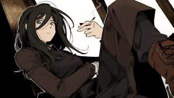 Rule 34 | 1girl, apron, aqua eyes, black apron, black hair, boots, brown boots, brown dress, cigarette, dress, dutch angle, game cg, holding, holding cigarette, indoors, ira grachevskaya, lace-up boots, long hair, looking at viewer, non-web source, nopanamaman, official art, school uniform, self-datamine, sitting, smoking, solo, soviet school uniform, window, z.a.t.o. // i love the world and everything in it