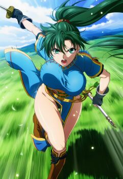 1girl bouncing_breasts breasts fire_emblem fire_emblem:_the_blazing_blade green_eyes green_hair highres kazenbou large_breasts looking_at_viewer lyn_(fire_emblem) lyndis_(fire_emblem) nintendo no_panties ponytail running running_towards_viewer sword thick_thighs thighs weapon wide_hips