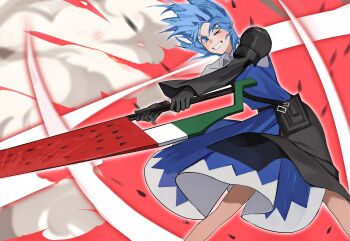 Rule 34 | 1girl, absurdres, advent cirno, bag, black gloves, blue dress, blue eyes, blue hair, chinese commentary, cirno, commentary request, dress, feet out of frame, gloves, highres, holding, holding sword, holding weapon, looking at viewer, one eye closed, short hair, sidongziban, solo, suika blade, sword, touhou, touhou lost branch of legend, weapon