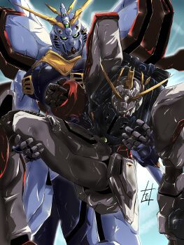 1990s_(style) absurdres clenched_hands g_gundam glowing god_gundam green_eyes gundam highres mecha mecha_focus no_humans retro_artstyle robot shining_gundam sind_ngmhn28 super_robot v-fin