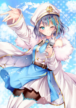 Rule 34 | 1girl, ;), bare shoulders, belt, belt buckle, blue dress, blue eyes, blue hair, blush, boots, breasts, brown belt, brown pantyhose, buckle, closed mouth, commission, dress, fur-trimmed jacket, fur trim, grey hair, hat, holding, holding microphone, jacket, long sleeves, looking at viewer, medium breasts, microphone, multicolored hair, nogi takayoshi, off shoulder, one eye closed, open clothes, open jacket, orange hair, original, outstretched arm, pantyhose, skeb commission, smile, solo, streaked hair, thigh boots, white boots, white hat, white jacket