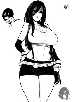 1girl :o absurdres breasts chibi chibi_only cleavage commentary cosplay crop_top english_commentary final_fantasy final_fantasy_vii fingerless_gloves gloves greyscale hair_between_eyes hand_on_own_hip hasshaku-sama highres japanese_urban_legends large_breasts lughost midriff military_vehicle miniskirt mole mole_under_eye monochrome motor_vehicle nanle open_mouth pencil_skirt skirt suspender_skirt suspenders tank tifa_lockhart tifa_lockhart_(cosplay)