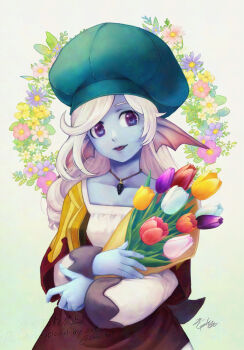 1girl aqua_hat blue_flower blue_skin bouquet coco_dqx1 colored_skin commentary_request dragon_quest dragon_quest_x dress fins fish_girl flower flower_wreath gradient_background green_background hat head_fins holding holding_bouquet jewelry long_hair looking_to_the_side monster_girl necklace open_mouth orange_flower orange_tulip pink_flower pink_tulip purple_eyes purple_flower purple_tulip red_dress red_flower red_tulip shirt shirt_under_dress solo tulip weddie_(dq10) white_background white_flower white_shirt white_tulip yellow_flower yellow_tulip