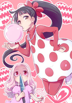 Rule 34 | 0aoiurn0, black hair, blowing bubble gum, charlotte anana, charlotte flampe, chewing gum, commentary request, dress, glaring, heart, holding, holding knife, knife, one piece, pink background, pink dress, pink hair, ponytail, red eyes, siblings, sisters