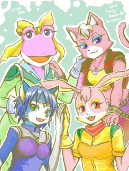 4girls amanda_(star_fox) blue_fur bow cat fox frog furry furry_female holding_hands jewelry katt_monroe krystal lucy_hare multiple_girls nintendo pink_fur rabbit star_fox star_fox_command