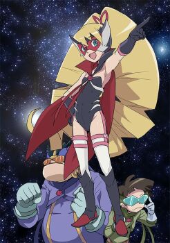 1girl 2boys black_gloves black_hair black_leotard blonde_hair blue_gloves boyakki boyakki_(cosplay) bud_bison_(mega_man) cape cosplay doronjo doronjo_(cosplay) gloves hand_on_own_hip heriyama leotard long_hair luna_platz_(mega_man) mask mega_man_(series) mega_man_star_force_(series) multiple_boys open_mouth red_cape smile star_(sky) starry_sky_background thighhighs time_bokan_(series) tinted_eyewear tonzura tonzura_(cosplay) very_long_hair white_thighhighs yatterman yoru_no_yatterman zack_temple_(mega_man)