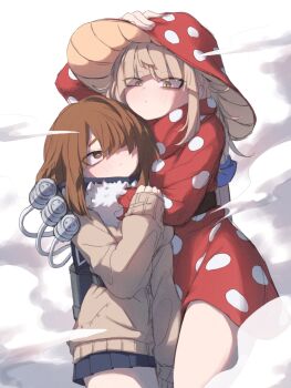 2girls black_skirt blonde_hair boku_no_hero_academia brown_eyes brown_hair commentary_request cosplay costume_switch dress expressionless ginjaeru hair_down hair_over_one_eye hand_on_headwear hand_on_own_head highres hug komori_kinoko long_hair long_sleeves looking_at_another multiple_girls mushroom mushroom_hat mushroom_on_head pleated_skirt polka_dot polka_dot_dress polka_dot_headwear red_dress skirt sleeves_past_wrists smoke symbol-shaped_pupils thighs toga_himiko x-shaped_pupils yellow_eyes