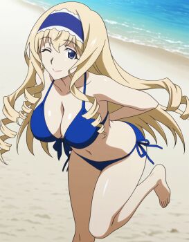 1girl arms_behind_back barefoot beach bikini blonde_hair blue_bikini blue_eyes breasts cecilia_alcott cleavage drill_hair feet front-tie_bikini_top front-tie_top hairband highres infinite_stratos large_breasts leaning_forward leg_lift leg_up long_hair looking_at_viewer ocean official_style one_eye_closed pink_lips side-tie_bikini_bottom smile solo swimsuit very_long_hair water wink