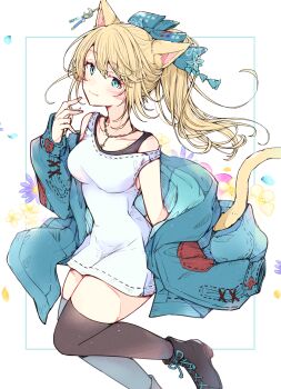 1girl absurdres animal_ears black_footwear black_skirt black_thighhighs blonde_hair blue_eyes blue_jacket blue_ribbon breasts cat_ears cat_tail closed_mouth commentary cross-laced_footwear dress eyebrows_hidden_by_hair feet_out_of_frame final_fantasy final_fantasy_xiv flower hair_between_eyes hair_over_one_eye hair_ribbon highres jacket jewelry long_hair looking_at_viewer medium_breasts miqo'te mokokoiro nail_polish necklace patchwork_clothes ribbon skirt solo tail thighhighs warrior_of_light_(ff14) white_dress