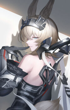 Rule 34 | 1girl, animal ears, arknights, arknights: endfield, arrow (symbol), avywenna (arknights), black gloves, black leotard, black sleeves, blonde hair, blue eyes, commentary request, detached sleeves, finger to mouth, gloves, grey tail, hair between eyes, highres, leotard, long sleeves, looking at viewer, partial commentary, profile, red pupils, solo, tail, upper body, yakupan