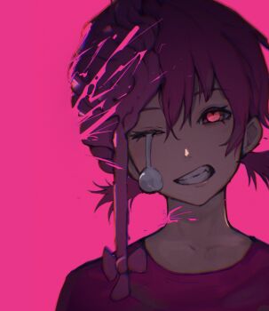 brain chainsaw_man cosmo_(chainsaw_man) dangling_eye exposed_brain heart heart-shaped_pupils highres looking_at_viewer low_twintails pink_background pink_eyes purple_hair purple_shirt sakuranuts00 shirt simple_background solo symbol-shaped_pupils teeth twintails