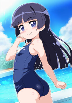 1girl ass bad_tag black_hair blue_eyes blush breasts cowboy_shot gokou_ruri loli long_hair looking_at_viewer mizusaki_johnko one-piece_swimsuit ore_no_imouto_ga_konna_ni_kawaii_wake_ga_nai pool school_swimsuit sky small_breasts smile solo standing swimsuit thighs