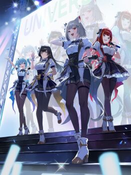 4girls \||/ absurdres akane_lize arahashi_tabi black_bow black_bowtie black_hair black_pantyhose blue_eyes blue_hair blurry bow bowtie breasts collared_shirt commentary concert confetti crossed_legs depth_of_field english_commentary frilled_skirt frilled_wristband frills glowstick grey_eyes grey_hair hand_on_own_hip high_heels highres holding holding_microphone long_hair looking_at_viewer medium_breasts medium_hair microphone multiple_girls neneko_mashiro on_stairs open_mouth pantyhose puffy_short_sleeves puffy_sleeves red_eyes red_hair shirayuki_hina shirt shoes short_hair short_sleeves skirt stage stage_lights standing standing_on_one_leg stellive sunj000 virtual_youtuber watson_cross white_shirt white_shoes