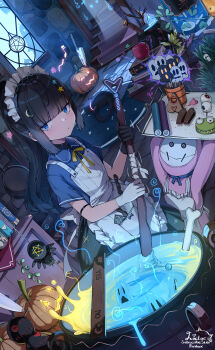 1girl apron black_hair blue_eyes cauldron frilled_apron frills gloves halloween highres indoors liclac long_hair looking_at_viewer maid maid_headdress original
