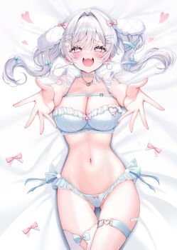 1girl :3 absurdres asymmetrical_legwear blush bow bow_bra bow_panties bra breasts bright_pupils cameltoe choker choppy_bangs cleavage commentary_request commission cowboy_shot frilled_bra frilled_panties frills hair_between_eyes hair_bow hair_intakes hair_ornament hair_spread_out hairclip heart heart-shaped_pupils heart_hair_ornament heart_pendant highres large_breasts long_bangs long_hair lying navel on_back on_bed open_mouth original panties pink_bow raised_inner_eyebrows reaching reaching_towards_viewer skeb_commission smile solo stomach sweat symbol-shaped_pupils thigh_strap twintails underwear underwear_only white_bra white_choker white_eyes white_hair white_panties white_pupils x_hair_ornament yu_lei