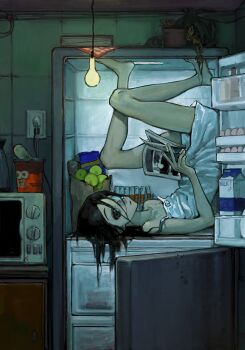 1girl absurdres artist_request bare_legs barefoot black_eyes black_hair book closed_mouth commission dead_plants dress drink_carton egg_(food) expressionless eyepatch flat_chest food full_body hair_spread_out highres holding holding_book in_container in_refrigerator indoors light_bulb looking_at_viewer microwave milk_carton muted_color original plant potted_plant refrigerator second-party_source skinny solo strap_slip white_dress