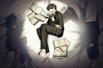 1boy 2others barefoot black_hair book character_request check_character curled_up flower han_sooyoung holding holding_flower jozllie kim_dokja knees_up lily_(flower) lying mattress multiple_others omniscient_reader&#039;s_viewpoint on_bed on_side open_book shadow short_hair silhouette white_lily yoo_joonghyuk